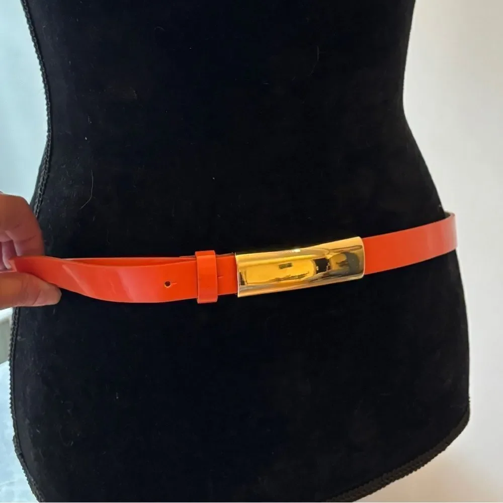 Orange Patent  leather belt with gold rectangular buckle sz 42